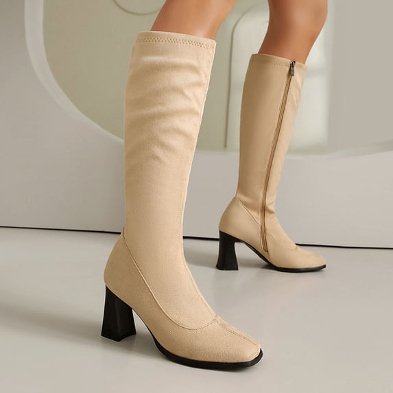 Hinvhai Women's Extra Wide Calf Knee High Boots Wide Width Chunky Heeled Boot Comfortable Plus Size Tall Long Gogo Boots for Women Beige 7.5(40)