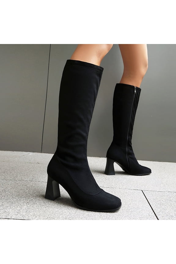 Women's Extra Wide Calf Knee High Boots Wide Width Chunky Heeled Boot Comfortable Plus Size Tall Long Gogo Boots for Women Black 7(39)