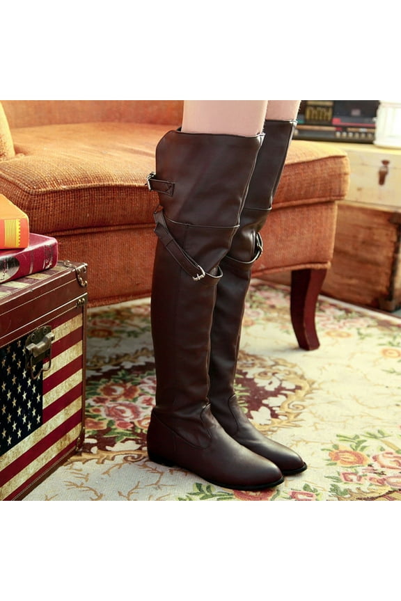 Women's Fall Winter Knee High Boots,Fashion Classic Solid Color Wide Calf Flat Heel Boots Tall Boots for Women Clearance Brown 7(39)