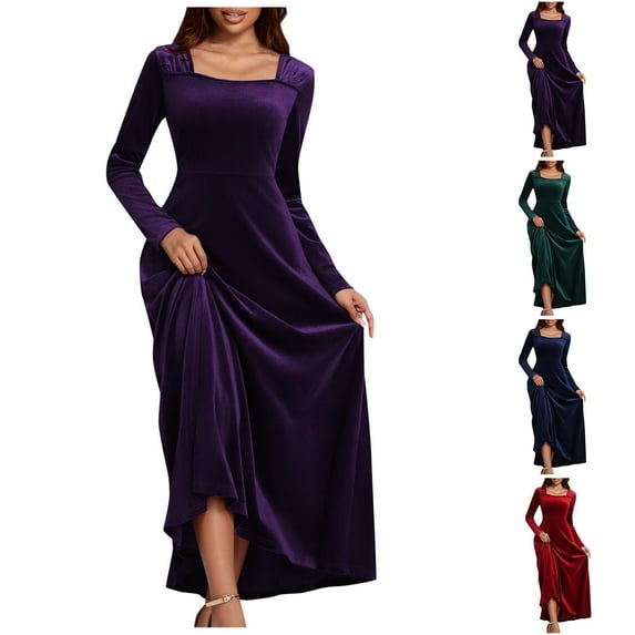 Hinvhai Women's Fashion Long Sleeve Velvet Dress Clearance,Classic Solid Color Square Neck Velvet Long Dresses High Waist Cocktail Party Dress for Womens Red XL(XL)