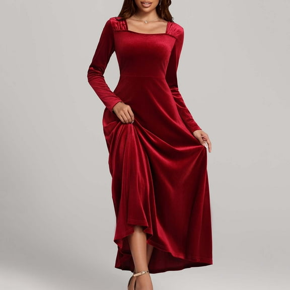 Hinvhai Women's Fashion Long Sleeve Velvet Dress ,Classic Solid Color Square Neck Velvet Long Dresses High Waist Cocktail Party Dress for Womens Red L(L)