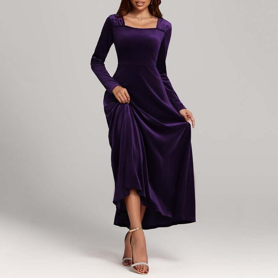 Hinvhai Women's Fashion Long Sleeve Velvet Dress Clearance,Classic Solid Color Square Neck Velvet Long Dresses High Waist Cocktail Party Dress for Womens Purple S(S)