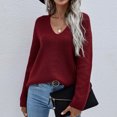 thumbnail image 1 of Hinvhai Women's Fashion Long Sleeves V Neck Loose Pullover Tops Blouse Knitted Sweater On Seasonal Wine 10(XL), 1 of 5