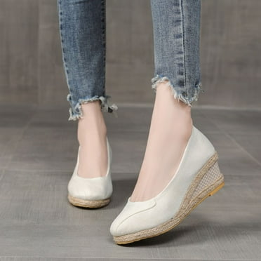 Hinvhai Women's Fashion Platform Espadrilles Wedge Sandals,Casual Clearance Non Slip Solid Color Closed Pointed Toe Comfortable Wedge Pumps Shoes White 7.5(40)