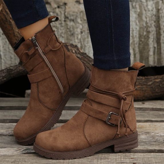 Hinvhai Women's Fashion Wide Width Leather Ankle Short Boots, Casual Comfortable Side Zipper Block Low Heel Round Toe Lace-Up Booties Brown 6.5(38)
