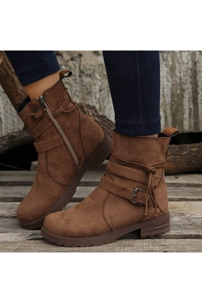 Women's Fashion Wide Width Leather Ankle Short Boots, Casual Comfortable Side Zipper Block Low Heel Round Toe Lace-Up Booties Brown 9(42)