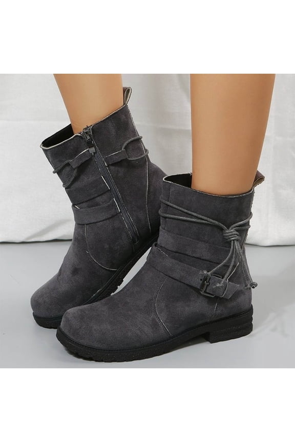 Women's Fashion Wide Width Leather Ankle Short Boots, Casual Comfortable Side Zipper Block Low Heel Round Toe Lace-Up Booties Gray 8.5(41)