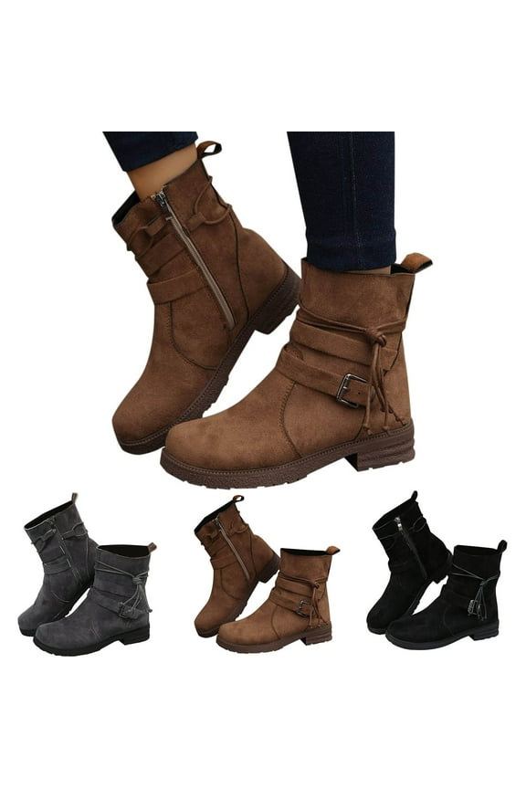 Women's Fashion Wide Width Leather Ankle Short Boots, Casual Comfortable Side Zipper Block Low Heel Round Toe Lace-Up Booties Gray 9.5(43)