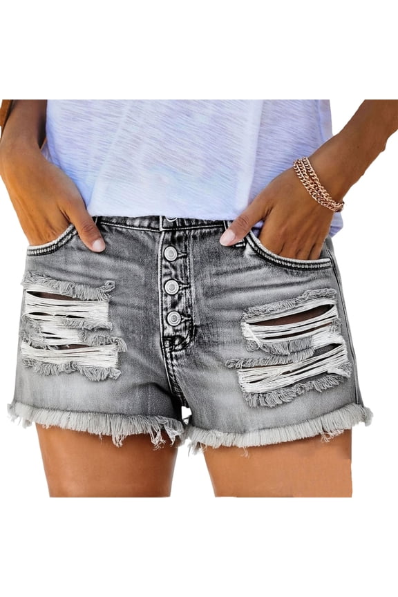 Women’s Fashionable High-Waisted Ripped Straight-Leg Crop Jeans with Pockets and Fringe Gray S(S)