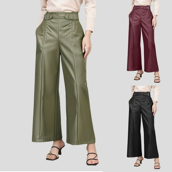 Hinvhai Women's Faux Leather Wide Leg Pants ,Classic PU High Waisted Skinny Bell Bottoms Leggings Trendy Solid Color Pants with Slant Pocket Wine XL(XL)