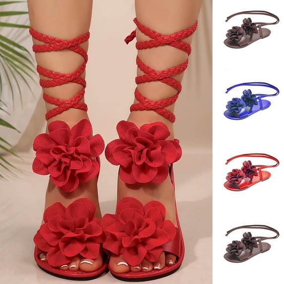 Hinvhai Women's Flower Lace up Sandals Floral Braided Open Toe Strappy Tie up Beach Slide Shoes Red 9.5(43)