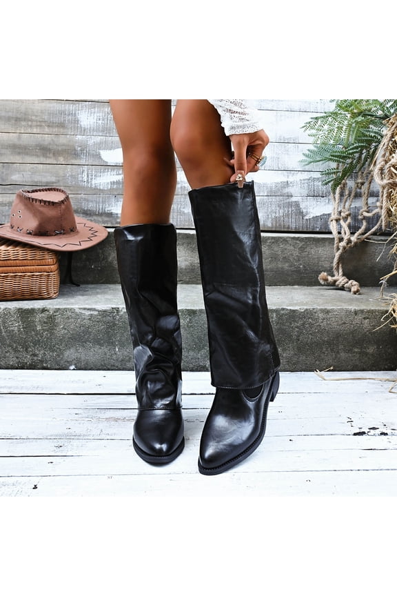 Women's Fold Over Knee High Boots Chunky Heel Wide Calf Boot Pull-on Riding Boot Black 9(42)