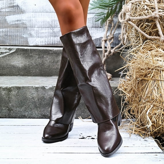 Hinvhai Women's Fold Over Knee High Boots Chunky Heel Wide Calf Boot Pull-on Riding Boot Brown 7.5(40)