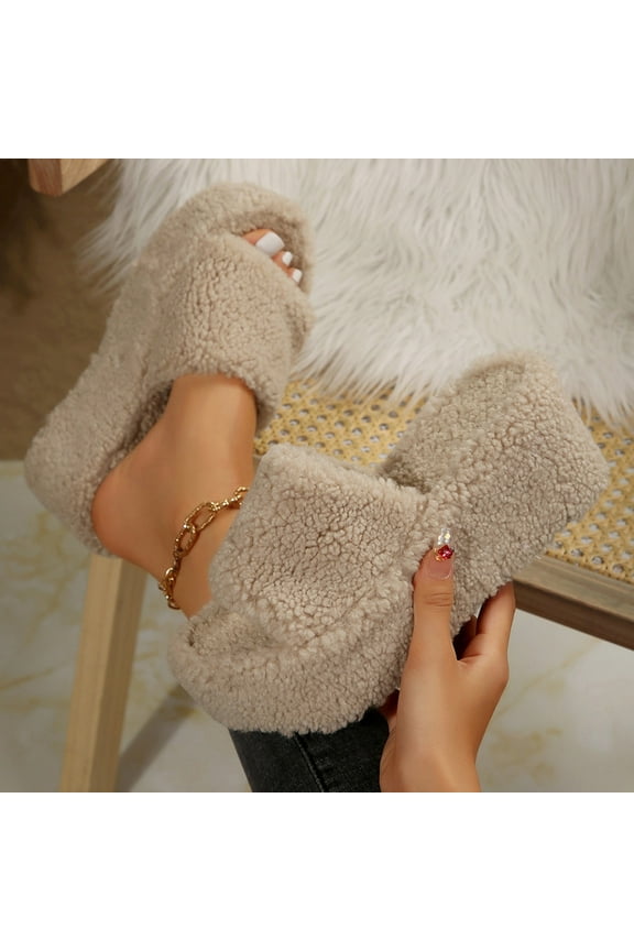 Women's Fuzzy Fluffy Wedge Slippers Fashion Plush Open Toe Comfy Slip On Platform House Sandals Anti-Slip Party Shoes for Ladies Khaki 9(42)