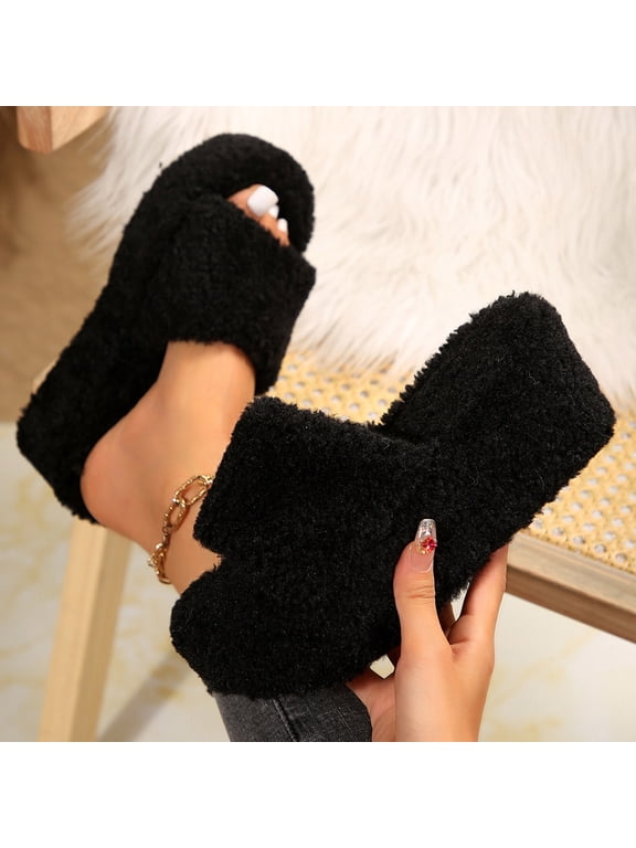 Women's Fuzzy Fluffy Wedge Slippers Fashion Plush Open Toe Comfy Slip On Platform House Sandals Anti-Slip Party Shoes for Ladies Black 5.5(36)