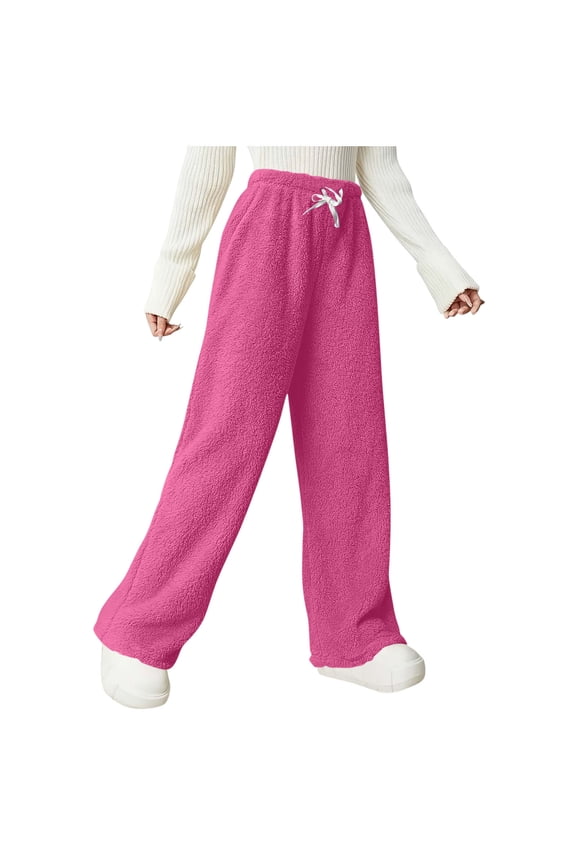 Women's Fuzzy Plush Pajama Pants Drawstring Elastic Waist Wide Leg Pj Bottoms Lounge Pants Hot Pink S(S)