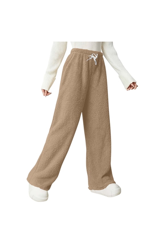 Women's Fuzzy Plush Pajama Pants Drawstring Elastic Waist Wide Leg Pj Bottoms Lounge Pants Khaki S(S)
