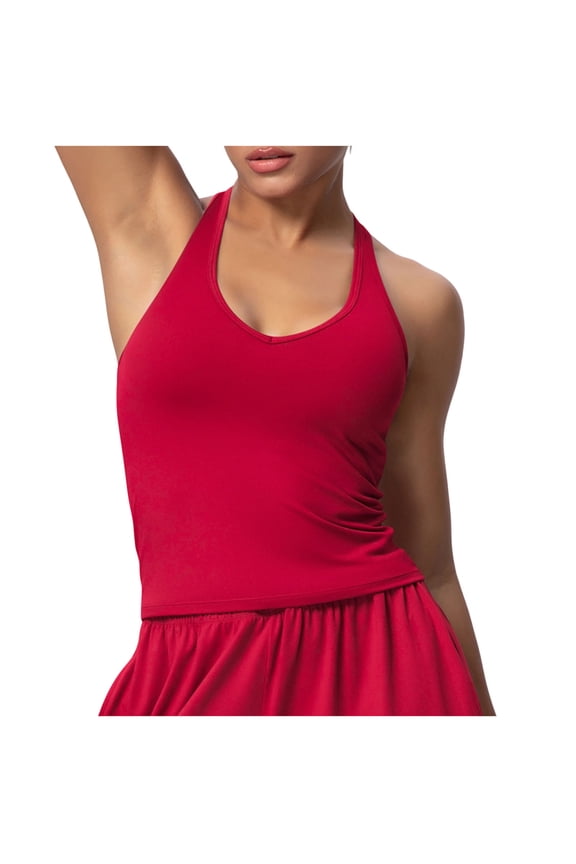 Women's Halter Neck Top Sleeveless Solid Color Casual Pullover Slim Fit Tank Fashion Blouse Red M(M)