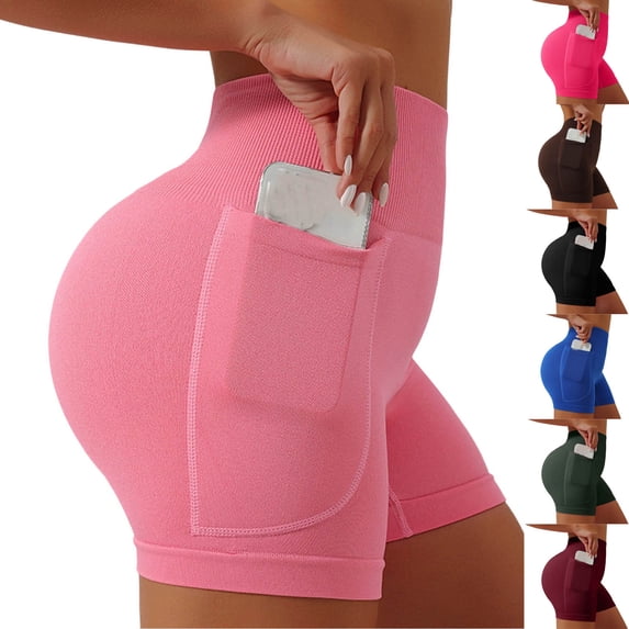Hinvhai Women's High Waisted Compression Shorts with Pockets Quick Dry Yoga Bike Shorts Athletic Running Gym Wine XL(XL)