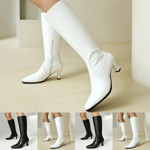 Hinvhai Women's Kitten Heel Knee High Boots Pointed Toe High Heel Tall Boots White 9.5(43)
