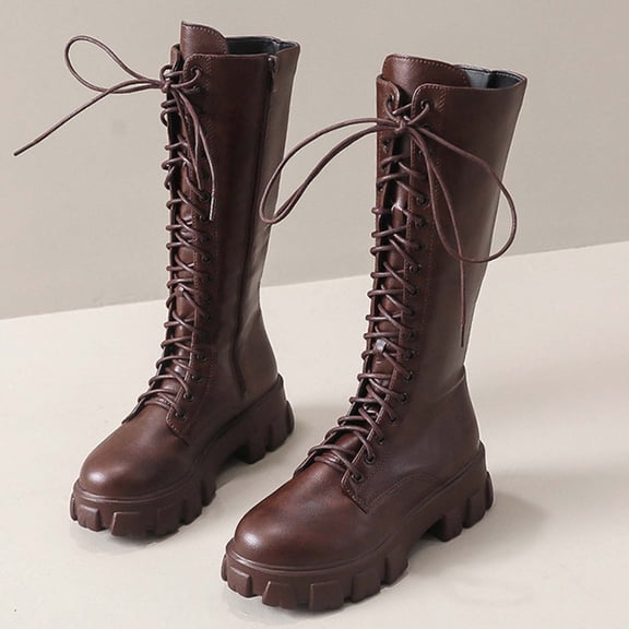 Hinvhai Women's Knee High Boots Winter Lace up Mid Calf Boots Leather Riding Combat Boots Brown 9.5(43)