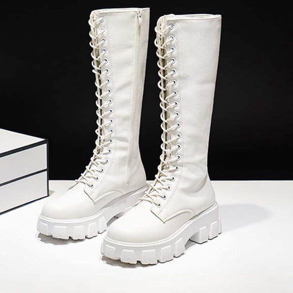 Hinvhai Women's Knee High Boots Winter Lace up Mid Calf Boots Leather Riding Combat Boots White 6(37)