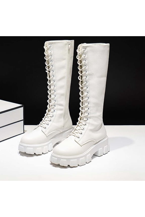 Women's Knee High Boots Winter Lace up Mid Calf Boots Leather Riding Combat Boots White 6.5(38)