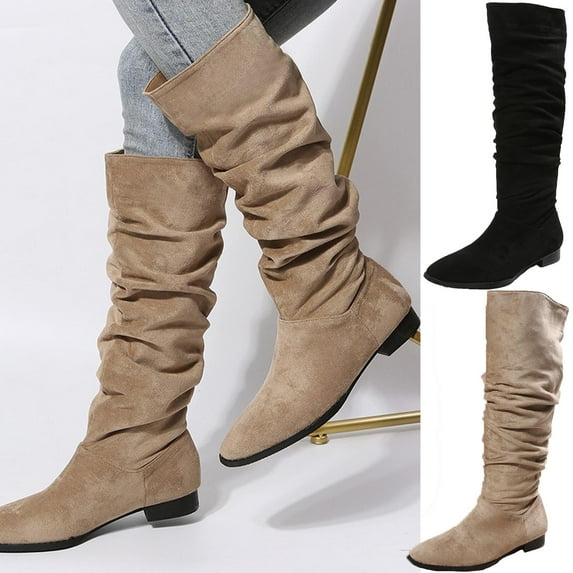 Hinvhai Women's Knee High Comfortable Boots ,Fall Winter Fashion Classic Suede Round Toe Retro Comfy Non Slip Flat Heel Long Boots Black 9.5(43)