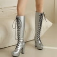 thumbnail image 1 of Hinvhai Women's Knee High Lace Up Combat Boots Platform Boots High Heel Tall Boots Chunky Block Heel Boots Round Toe Long Boots Silver 9(42), 1 of 5