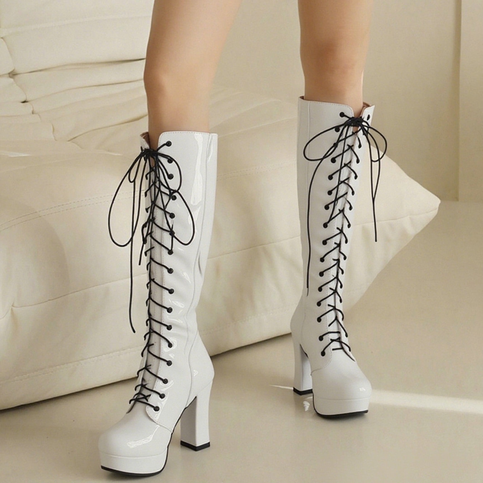 Hinvhai Women's Knee High Lace Up Combat Boots Platform Boots High Heel ...