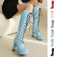 thumbnail image 1 of Hinvhai Women's Knee High Lace Up Combat Boots Platform Boots High Heel Tall Boots Chunky Block Heel Boots Round Toe Long Boots White 9.5(43), 1 of 5
