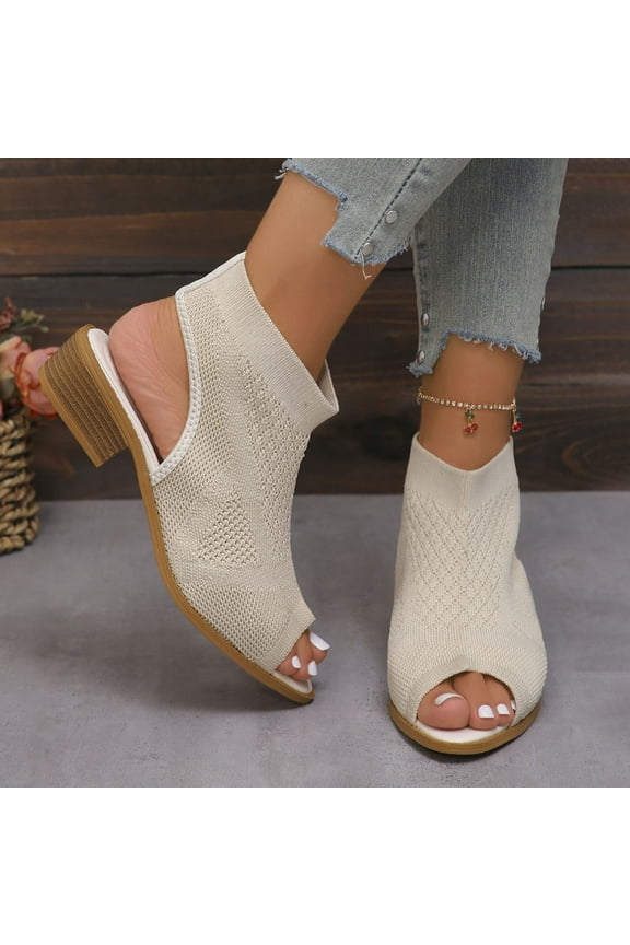 Women's Knit Chunky Block High Heels Sandals Slingback Cut Out Peep Toe Chunky Stacked Heel Ankle Booties Beige 9(42)