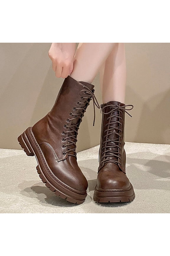 Women's Lace Up Ankle Boots Leather Riding Combat Boots Lug Sole Mid Calf Boot Brown 7.5(40)