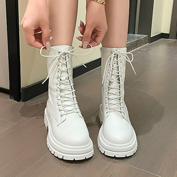 Hinvhai Women's Lace Up Ankle Boots Leather Riding Combat Boots Lug Sole Mid Calf Boot White 7.5(40)