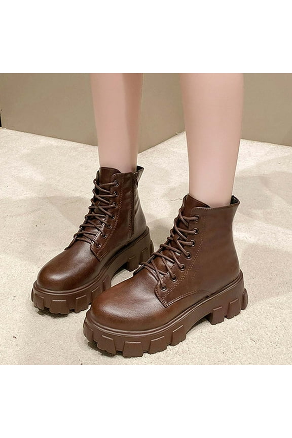 Women's Lace Up Combat Ankle Boots Fashion Low Chunky Heels Lug Sole Platform Hiking Booties Shoes Brown 8.5(41)