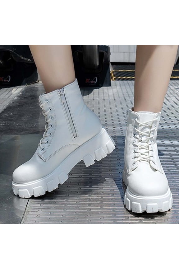 Women's Lace Up Combat Ankle Boots Fashion Low Chunky Heels Lug Sole Platform Hiking Booties Shoes White 9(42)