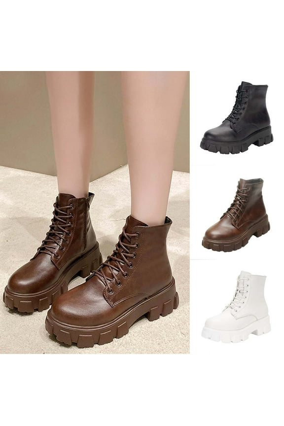 Women's Lace Up Combat Ankle Boots Fashion Low Chunky Heels Lug Sole Platform Hiking Booties Shoes White 9.5(43)