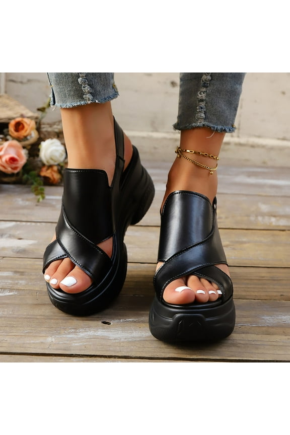 Women's Leather Fish Mouth Chunky Wedge Sandals with Adjustable Ankle Strap,Open Toe Middle Block Heel Comfortable Gladiator Dress Platform Sandal Black 5.5(36)