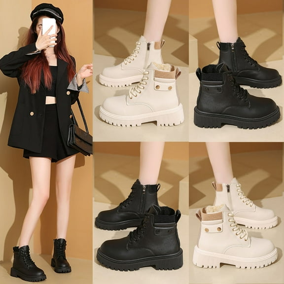 Hinvhai Women's Leather High-Top Lace-Up Ankle Boots with Thick Sole and Non-Slip Side Zipper Suitable for Dating, Shopping, Walking White 9(42)