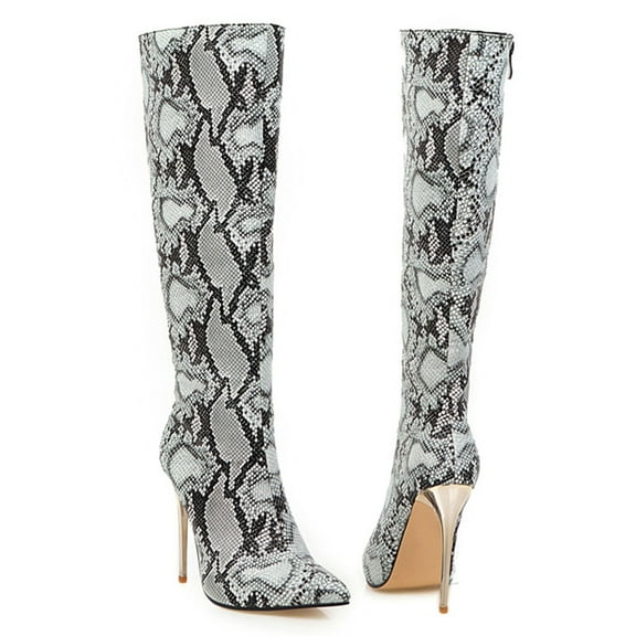 Hinvhai Women's Leopard Printed Knee Boot,Fashion Winter Classic Thin High Heels Zipper Thigh High Fashion Sexy Slouch Boot White 7.5(40)