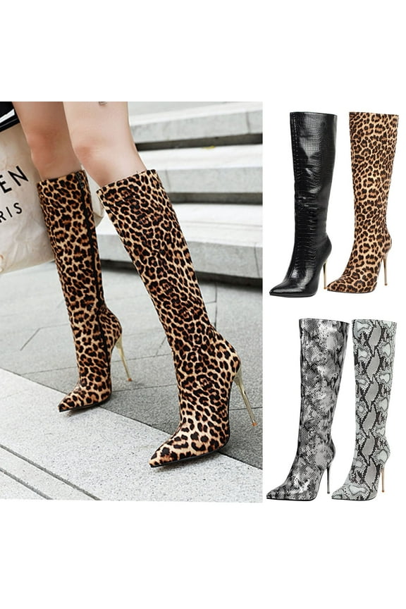 Women's Leopard Printed Knee Boot,Fashion Winter Classic Thin High Heels Zipper Thigh High Fashion Sexy Slouch Boot White 9.5(43)