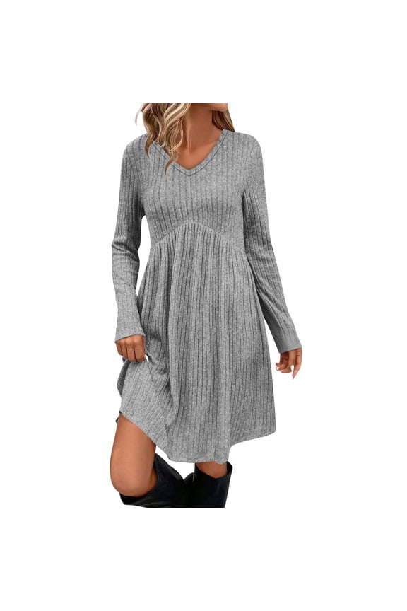 Women's Long Lantern Sleeve Ribbed Knit Dresses V Neck Casual Fall Winter Flowy Swing Tunic Sweater Short Dress Gray XXL