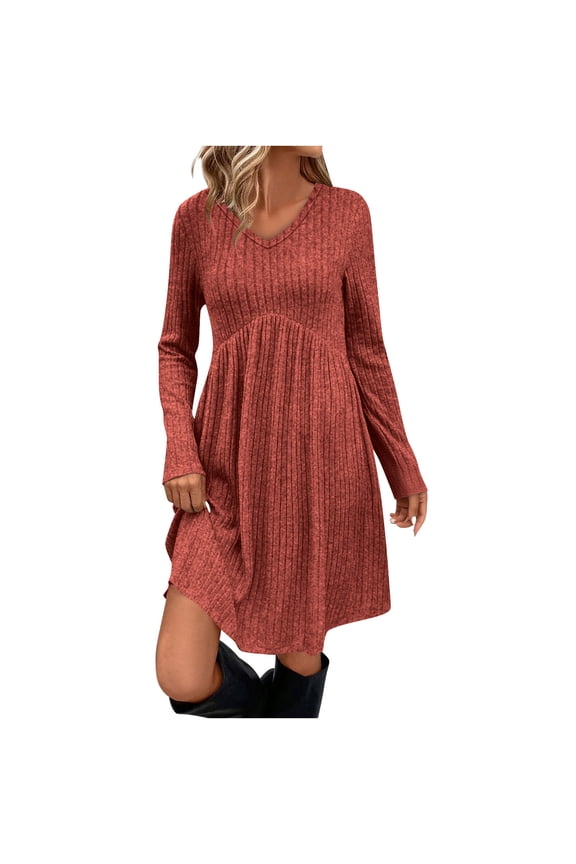 Women's Long Lantern Sleeve Ribbed Knit Dresses V Neck Casual Fall Winter Flowy Swing Tunic Sweater Short Dress Orange XXL