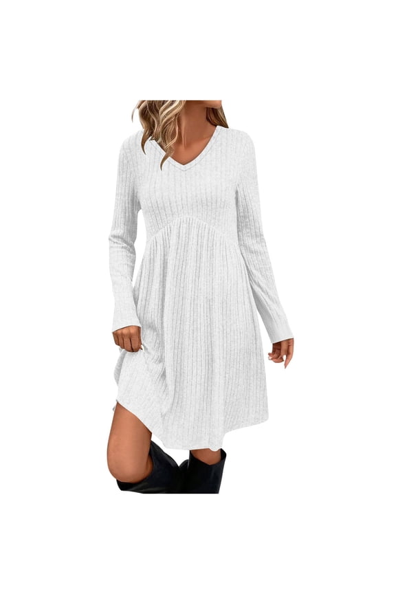 Women's Long Lantern Sleeve Ribbed Knit Dresses V Neck Casual Fall Winter Flowy Swing Tunic Sweater Short Dress White XXL