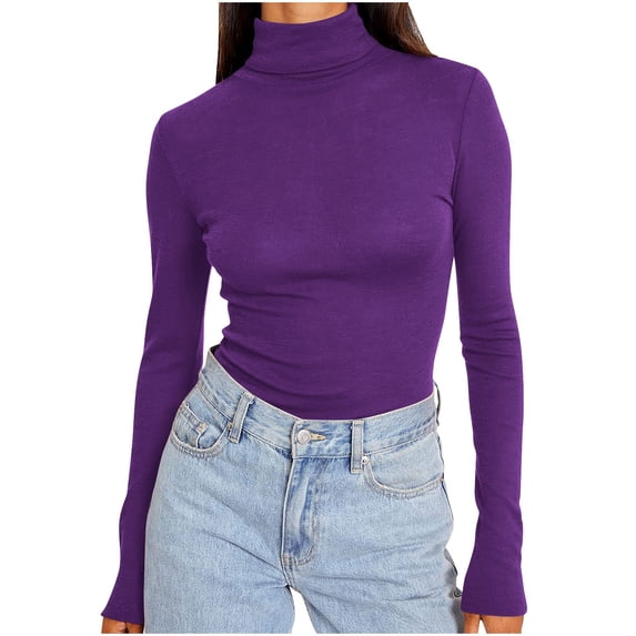 Hinvhai Women's Long Sleeve Mock Turtle Neck Tops Fall Winter Basic Lightweight Slim Fitted Shirts Purple XL(XL)