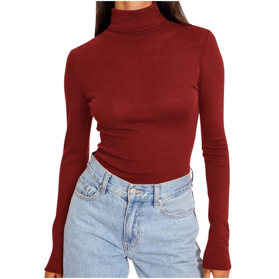 Hinvhai Women's Long Sleeve Mock Turtle Neck Tops Fall Winter Basic Lightweight Slim Fitted Shirts Red XXXL(XXXL)