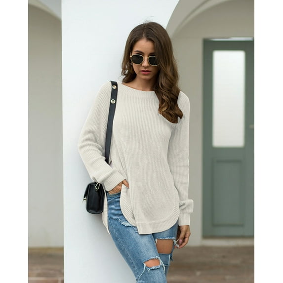 Hinvhai Women's Long Sleeve Round Neck Pullover Split Solid Color Top Round Neck Sweater On Seasonal Clearance White 10(XL)