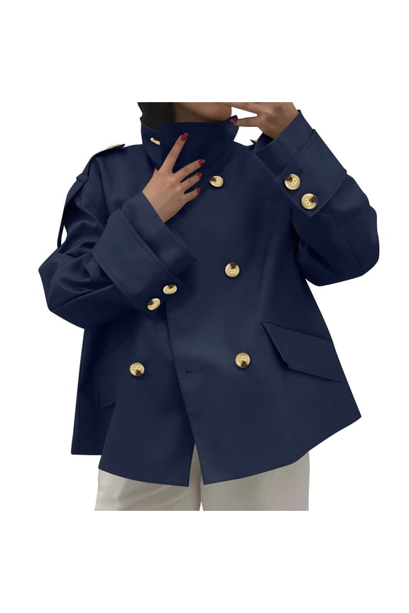 Women's Loose Lapel Long Sleeve Double-Breasted Short Coats Casual Business Trenchcoats Navy XXL(XXL)