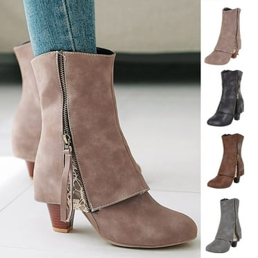 Hinvhai Women's Low Heel Ankle Boot Clearance,Casual Side Zip Up Bootie Soft Comfortable Solid Color Everyday Round Toe Bootie Khaki 9.5(43)