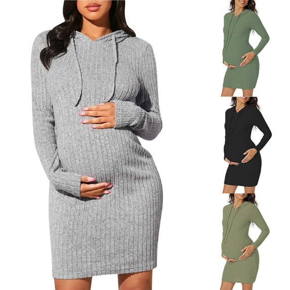 Hinvhai Women's Maternity Casual Dress ,Classic Ribbed Knit Solid Color Pullover Long Hoodies Long Sleeve Stretchy Bodycon Pregnancy Dresses Gray 10(XL)